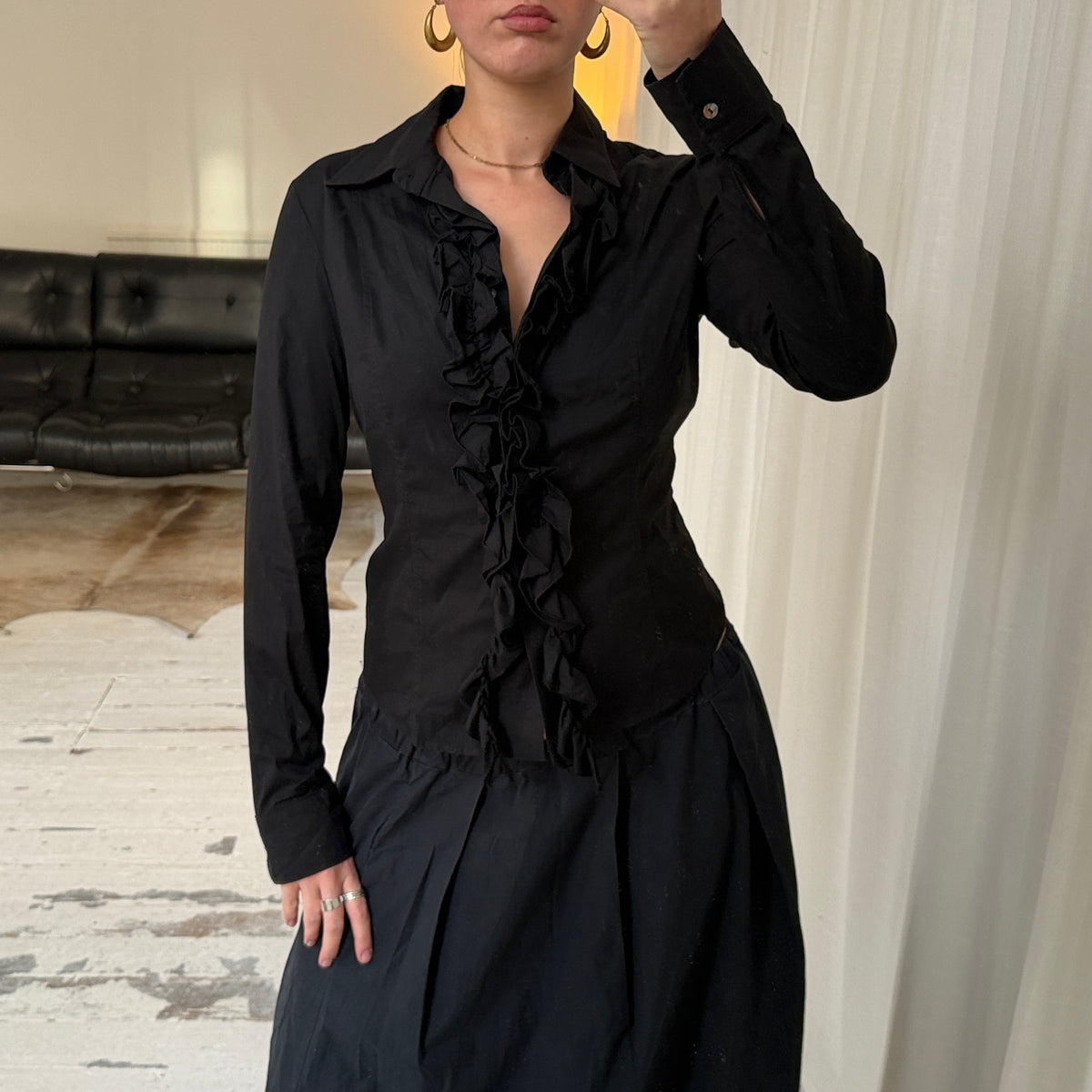 Italian Vintage Black Ruffle Tailored Shirt