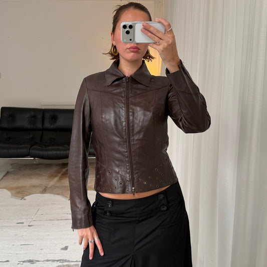 Vintage Italian Brown Leather Eyelet Jacket
