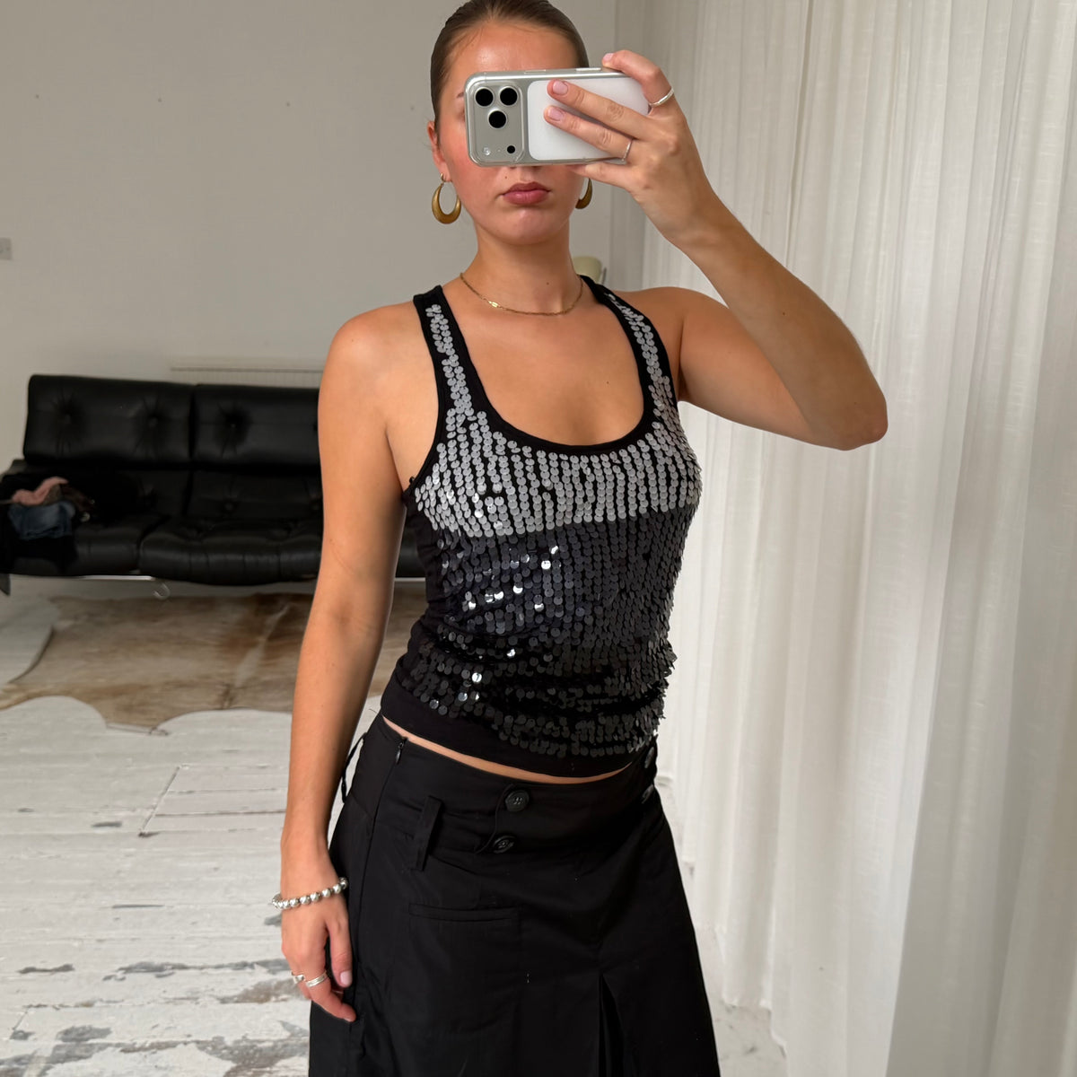 2000s Black & Silver Sequin Racerback Vest Top