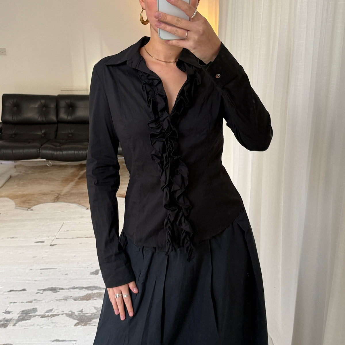 Italian Vintage Black Ruffle Tailored Shirt