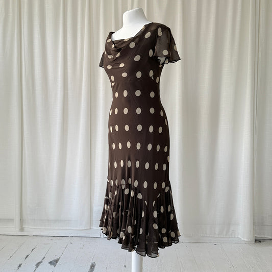 Brown Polka Dot Silk Midi Dress