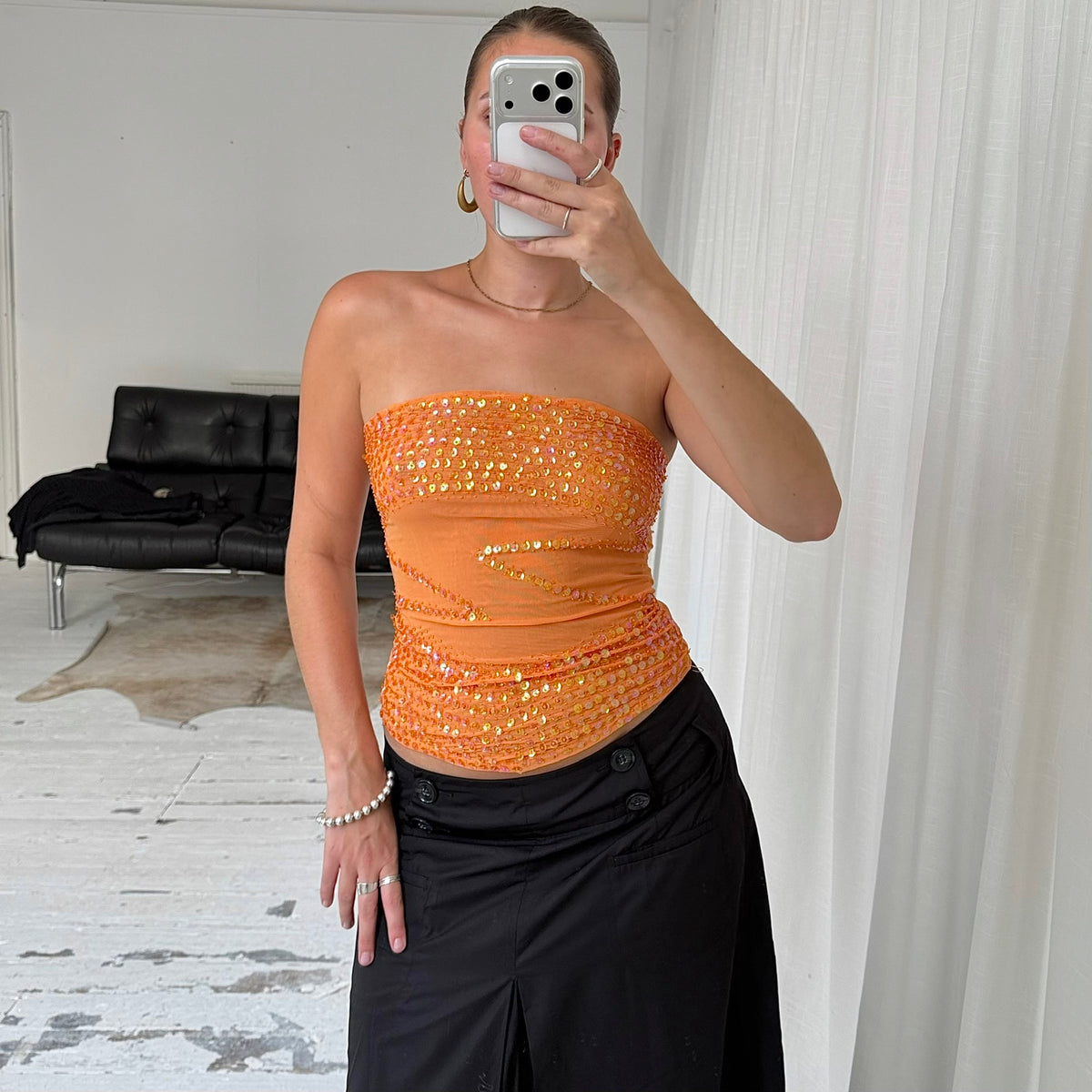 Orange Sequin Mesh Bandeau Top