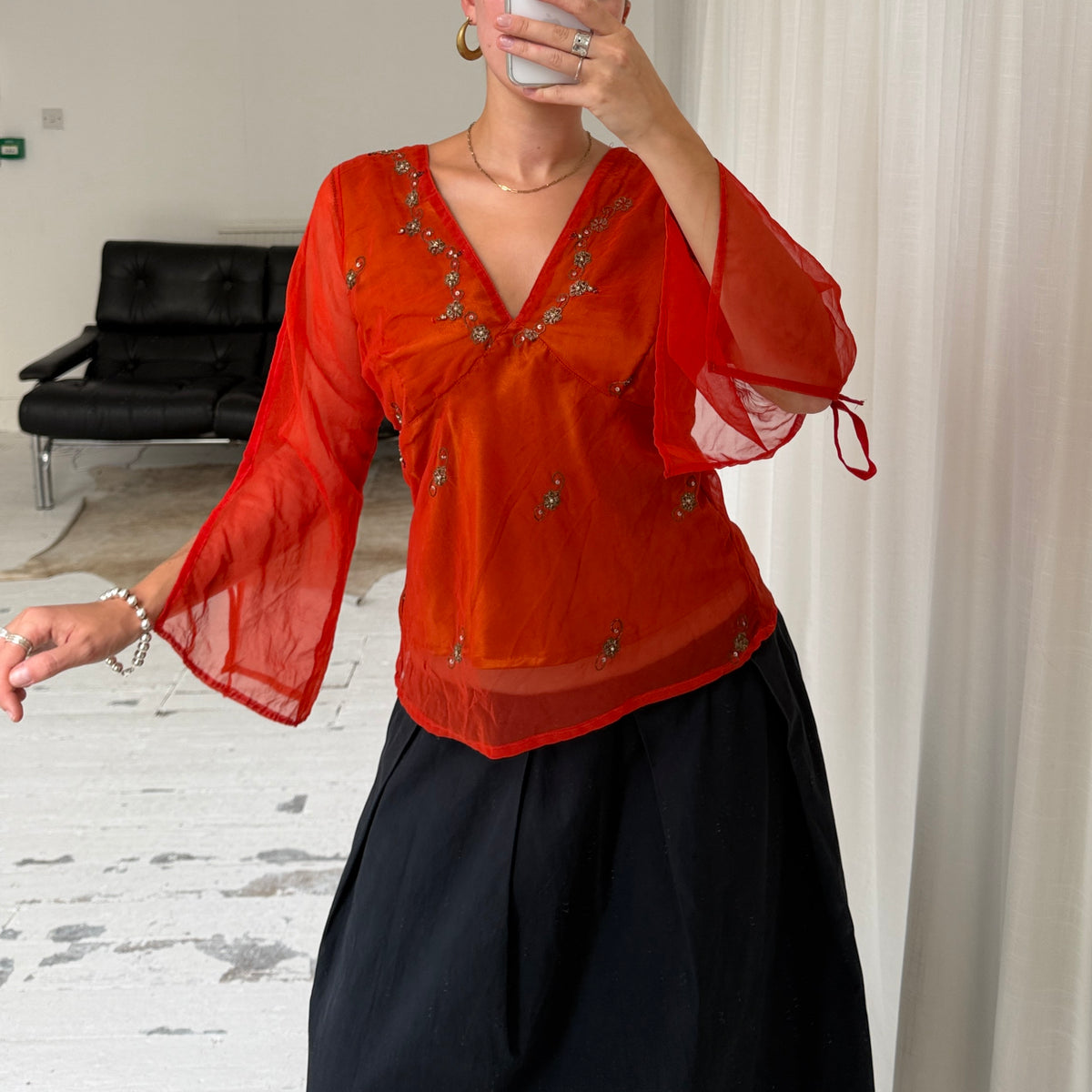 Orange Pure Silk Embellished Blouse