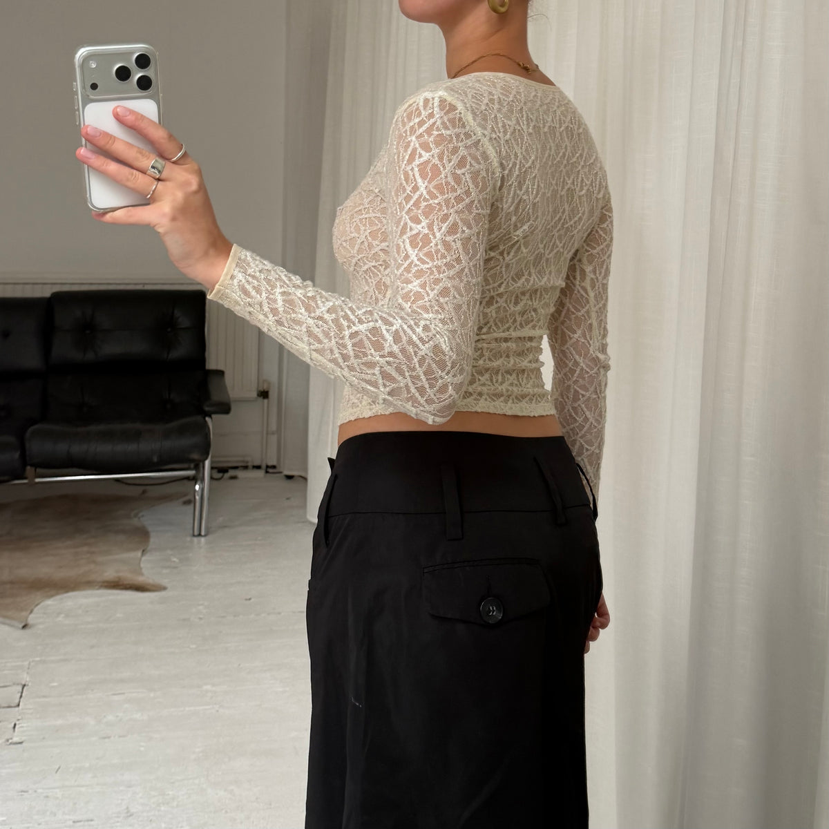 Cream Lace Mesh Long Sleeve Top