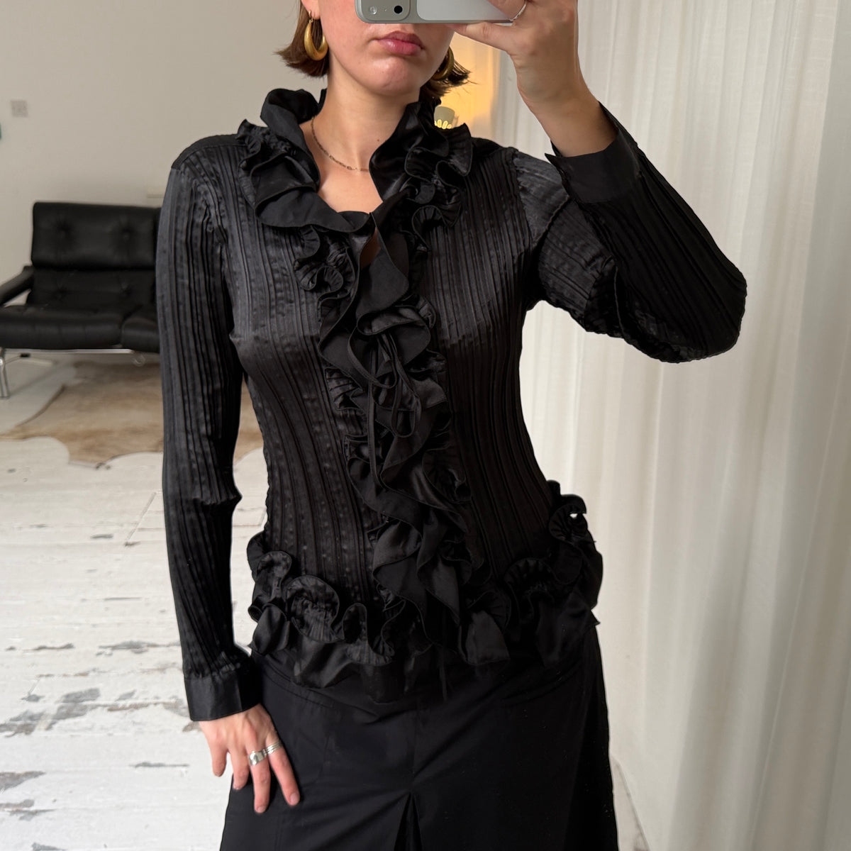 90s Black Pleated Ruffle Blouse