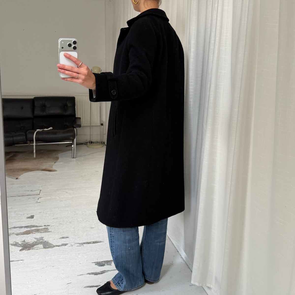 Black Pure New Wool Mid-Length Winter Coat