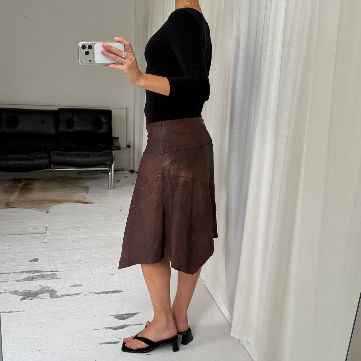 Brown Leather Asymmetric Midi Skirt