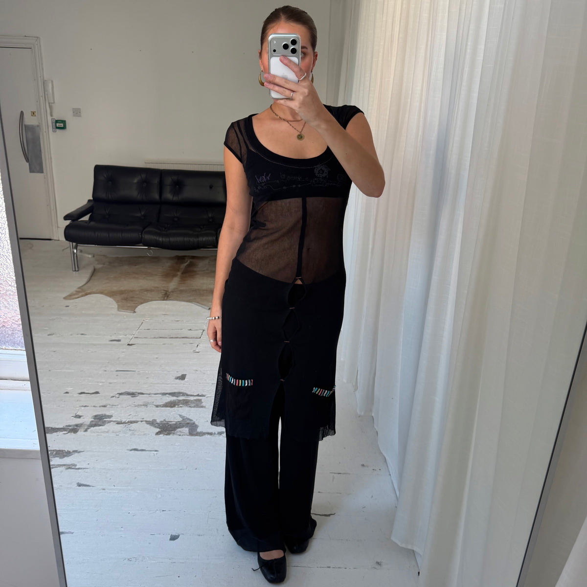 1990s Black Mesh Cut Out Midi Dress