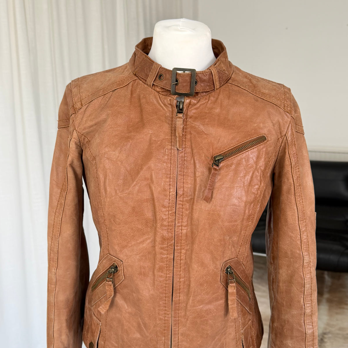 Tan Brown Leather Utility Biker Jacket