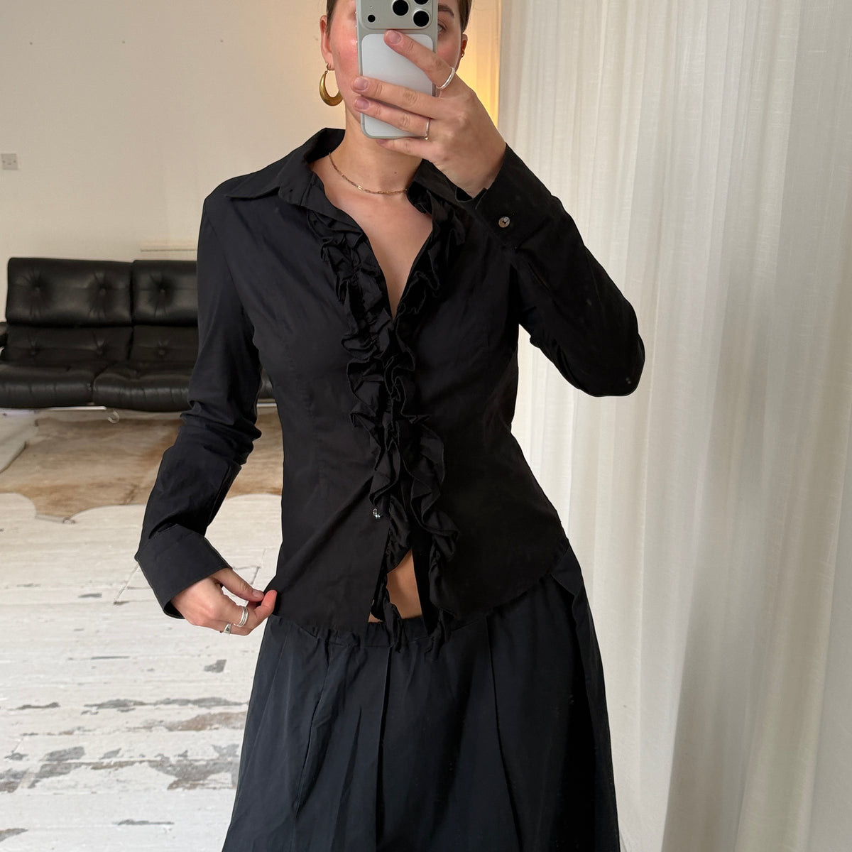 Italian Vintage Black Ruffle Tailored Shirt