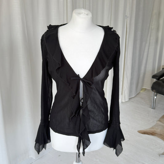 Black Sheer Ruffle Tie Blouse