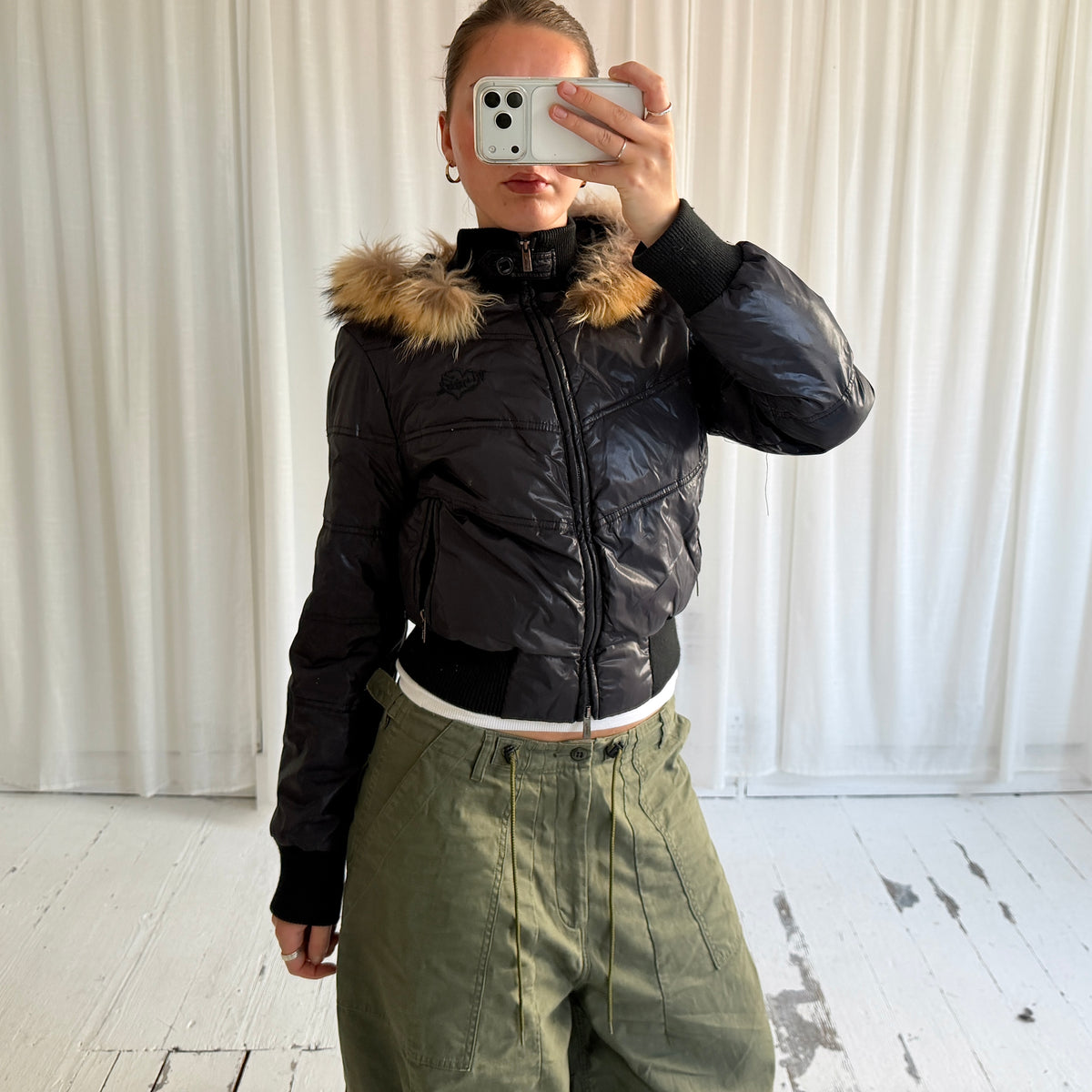 00s Down Feather Fur Hood Puffer Bomber Jacket