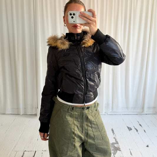 00s Down Feather Fur Hood Puffer Bomber Jacket