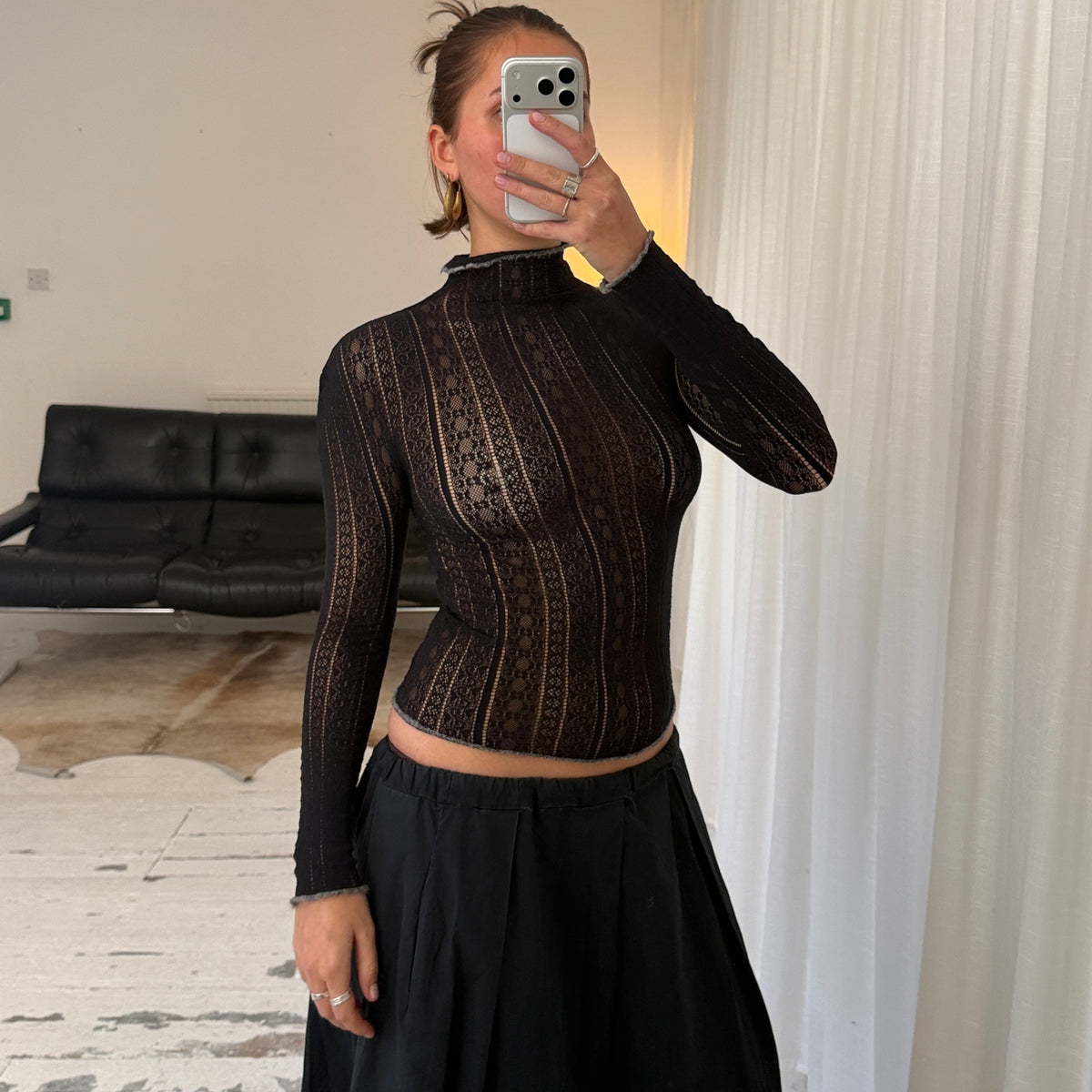 Black Pointelle Lace Knit Top