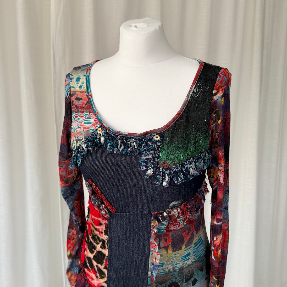 Multicolour Patchwork Mesh Ruffle Midi Dress