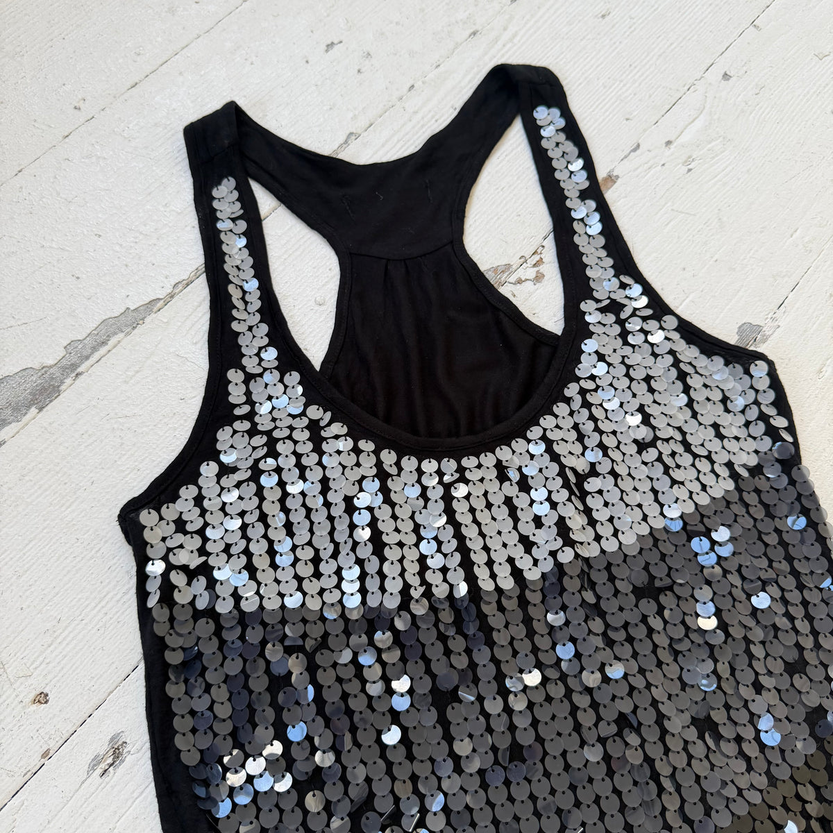 2000s Black & Silver Sequin Racerback Vest Top