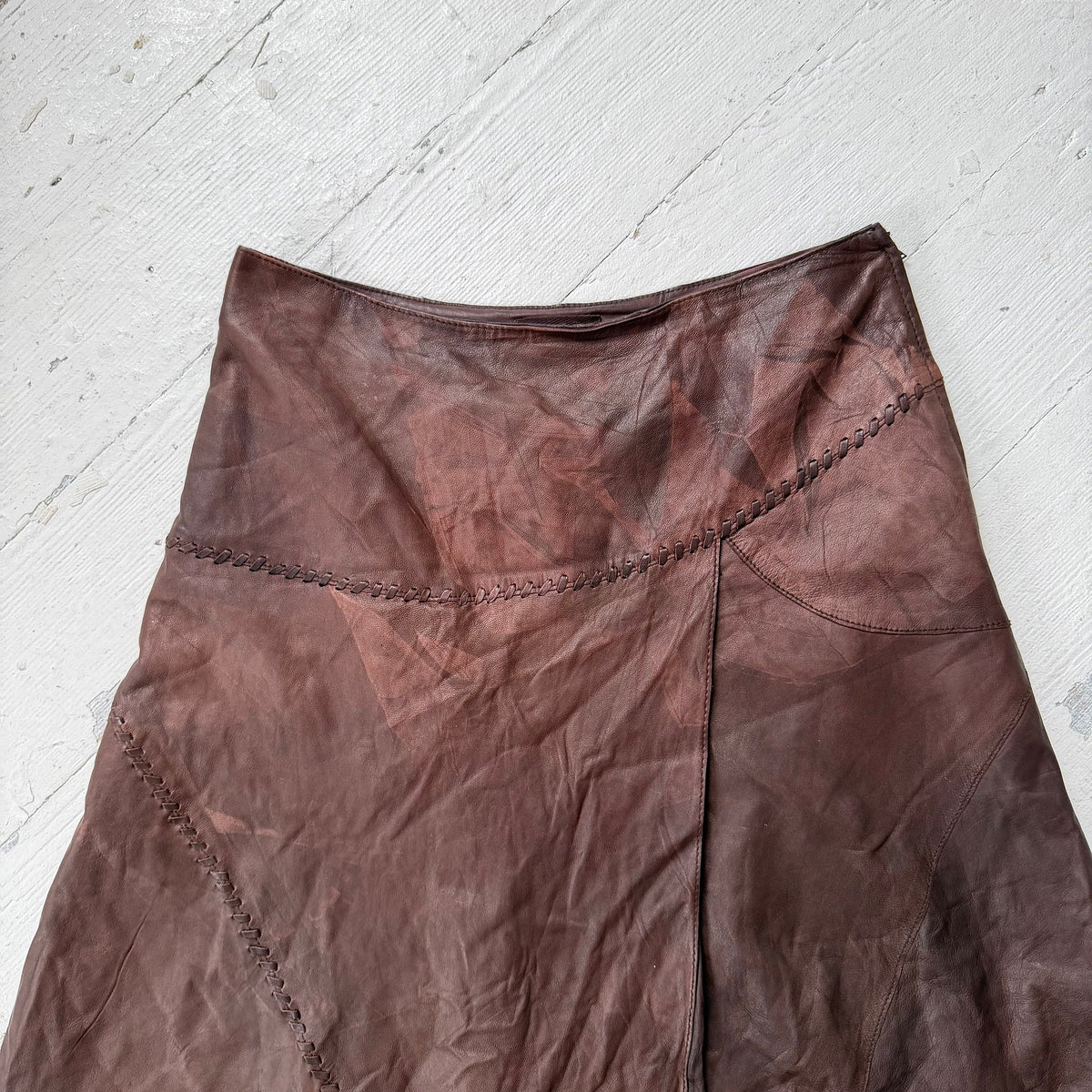 Brown Leather Asymmetric Midi Skirt