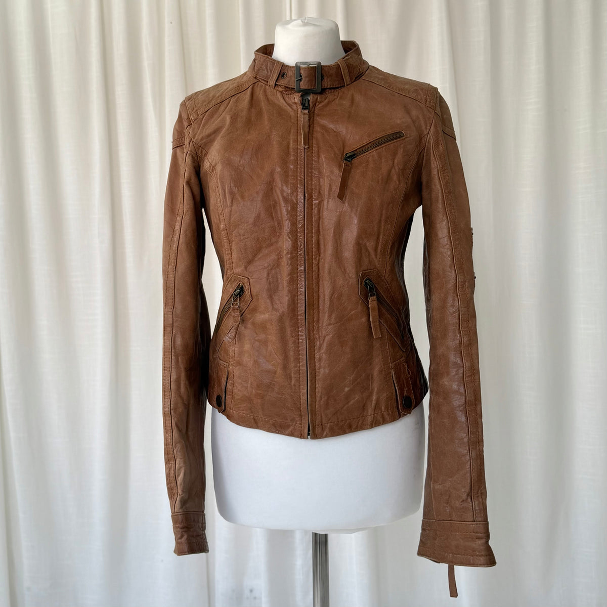 Tan Brown Leather Utility Biker Jacket