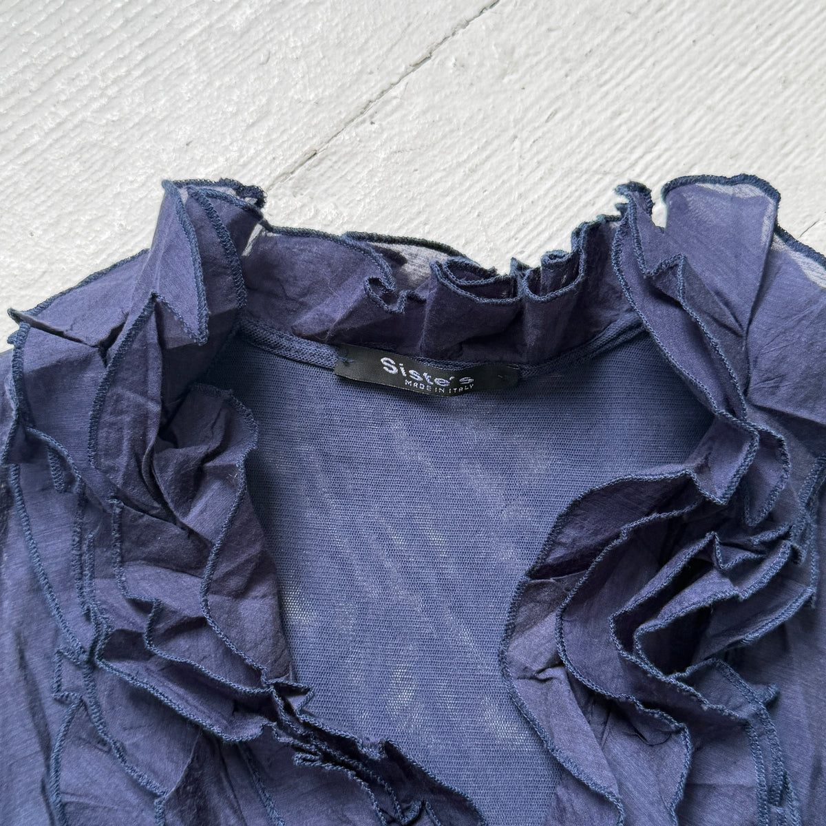 Navy Wool Blend Ruffle Top