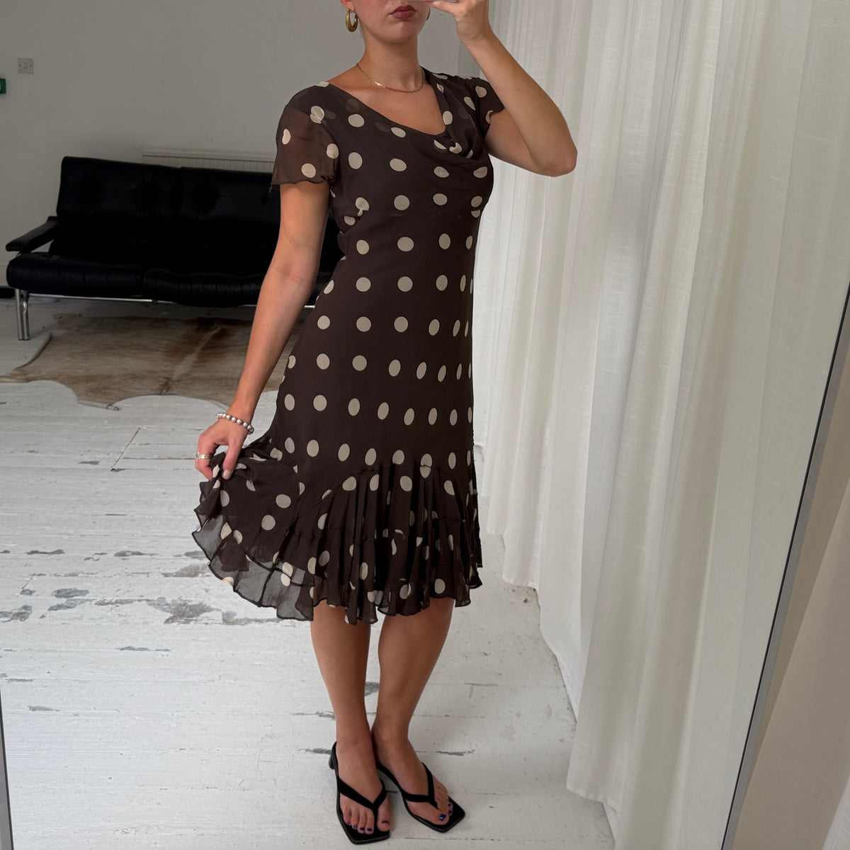 Brown Polka Dot Silk Midi Dress
