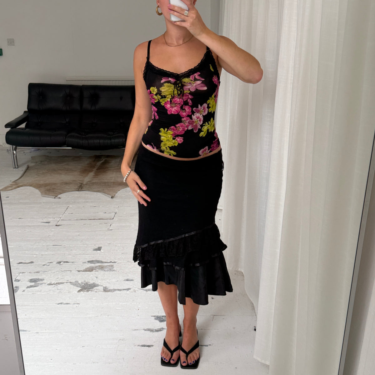Black Mohair Ruffle Midi Skirt