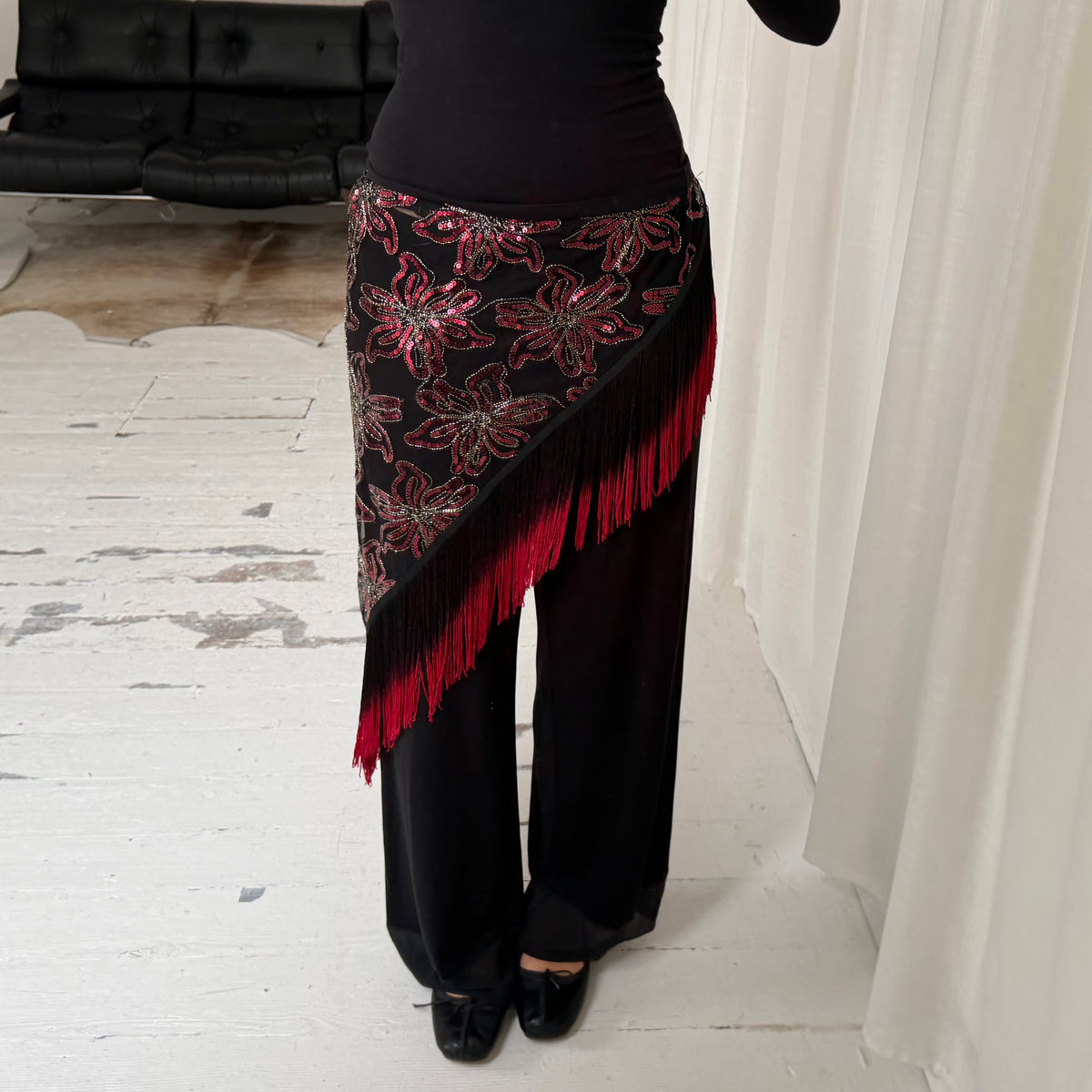 Sequin Mesh Asymmetric Tassel Sarong Skirt