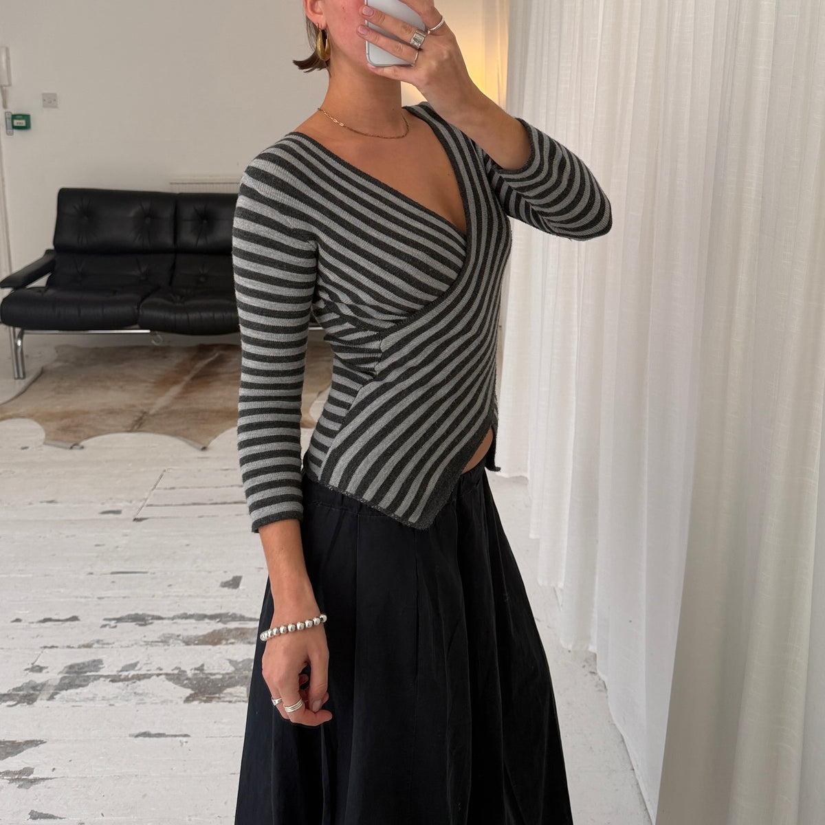 2000s Grey Striped Wrap Knit Top