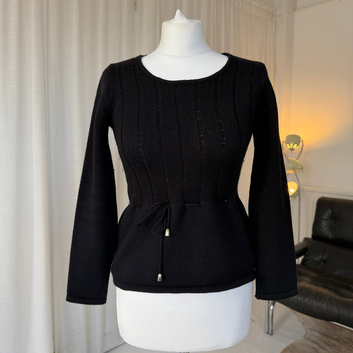 Italian Vintage Black Merino Wool Tie Detail Jumper