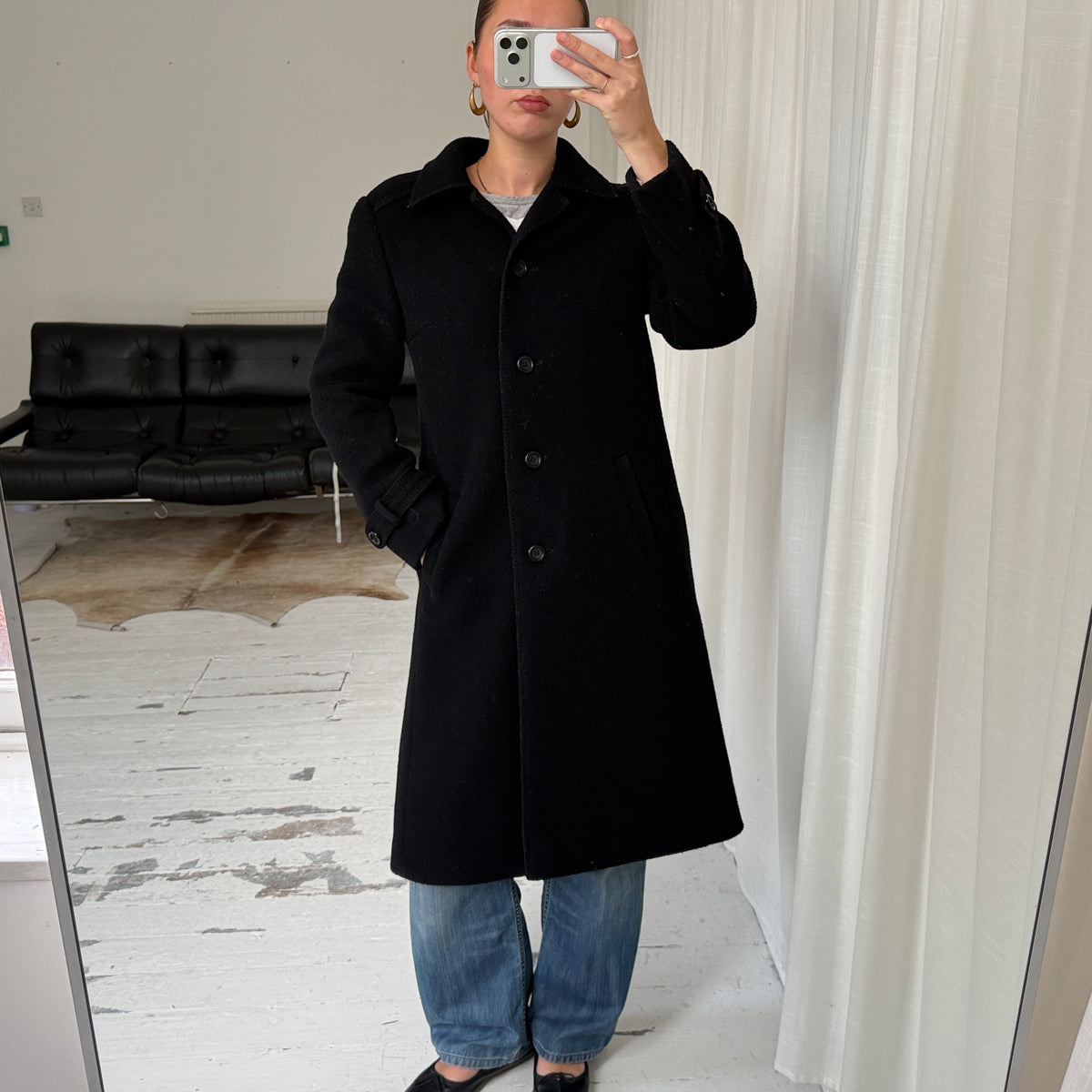 Black Pure New Wool Mid-Length Winter Coat
