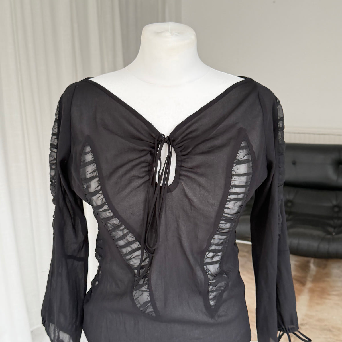 Black Ruched Sheer Mesh Top