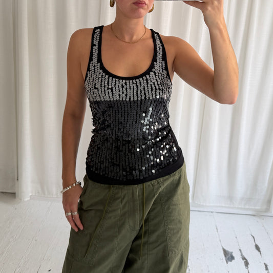 2000s Black & Silver Sequin Racerback Vest Top