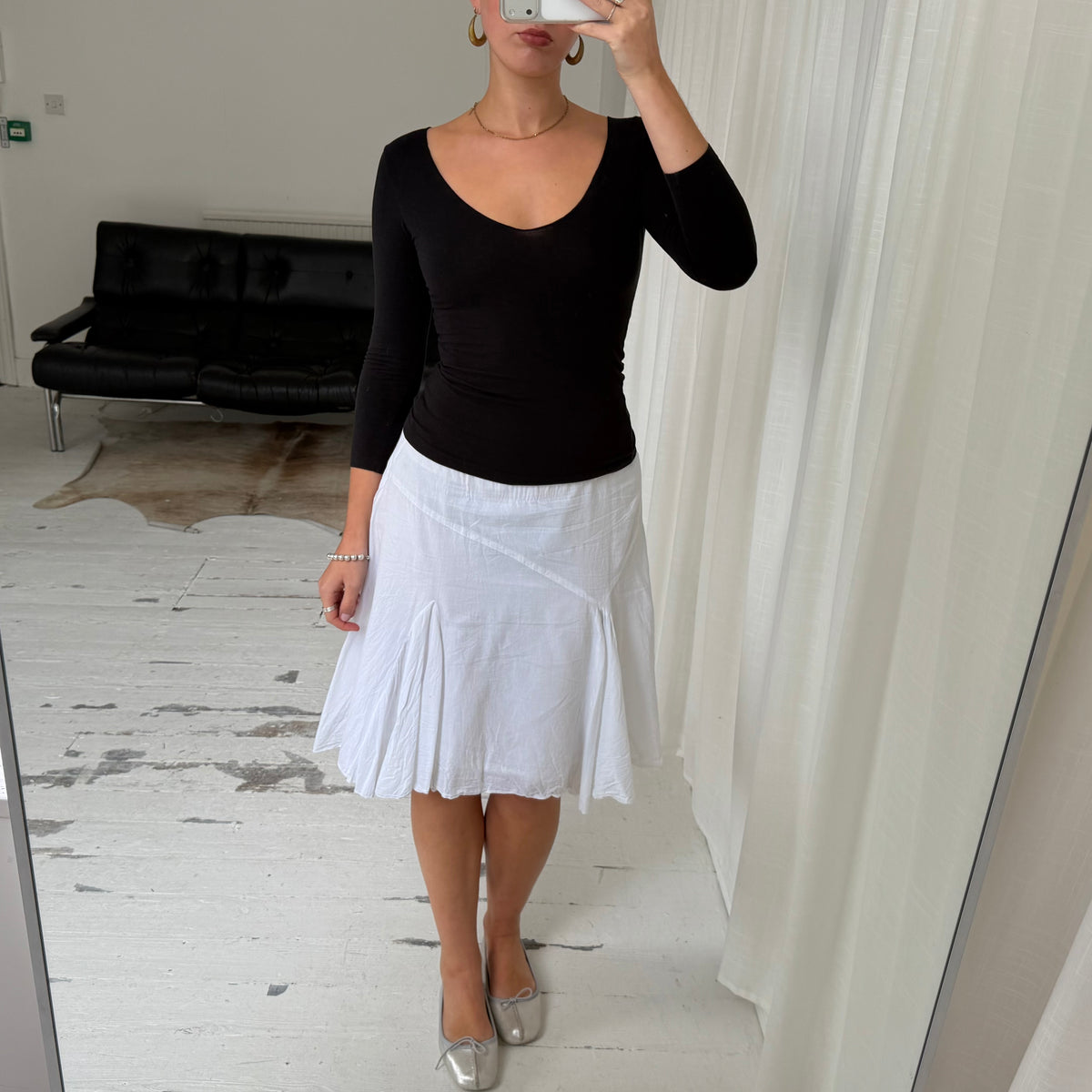 2000s White Cotton Pleated Midi Skirt