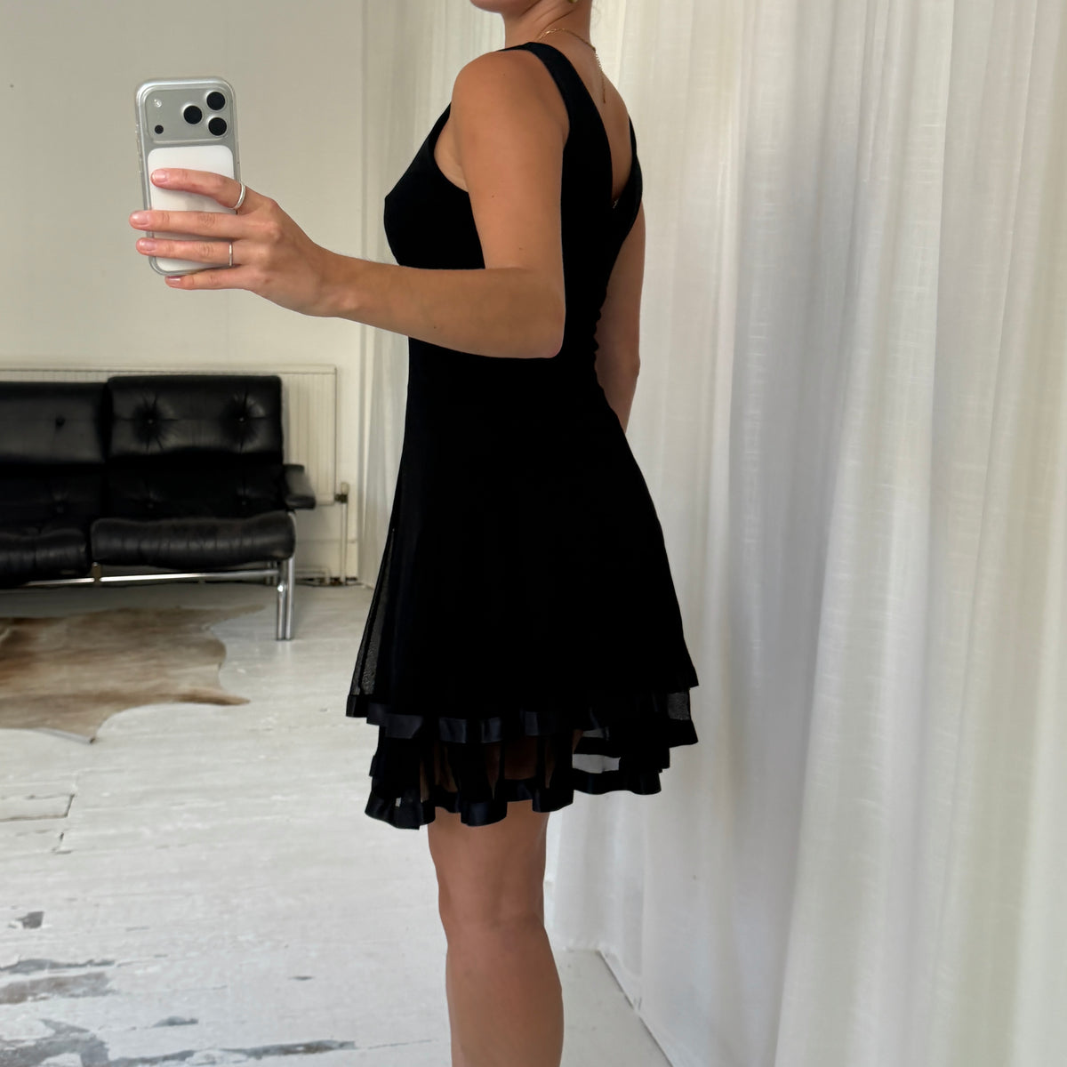 Italian Vintage Black Ruffle Hem Mini Dress