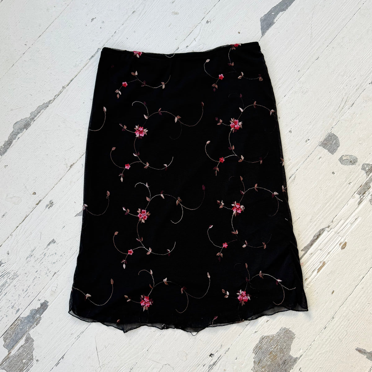 1990s Floral Embroidered Mesh Midi Skirt