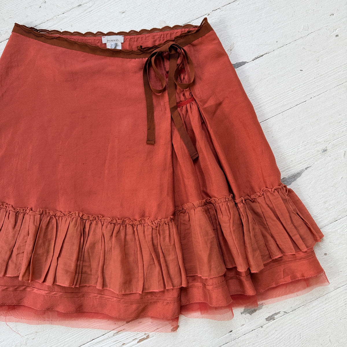 Coral Red Silk Ruffle Midi Skirt