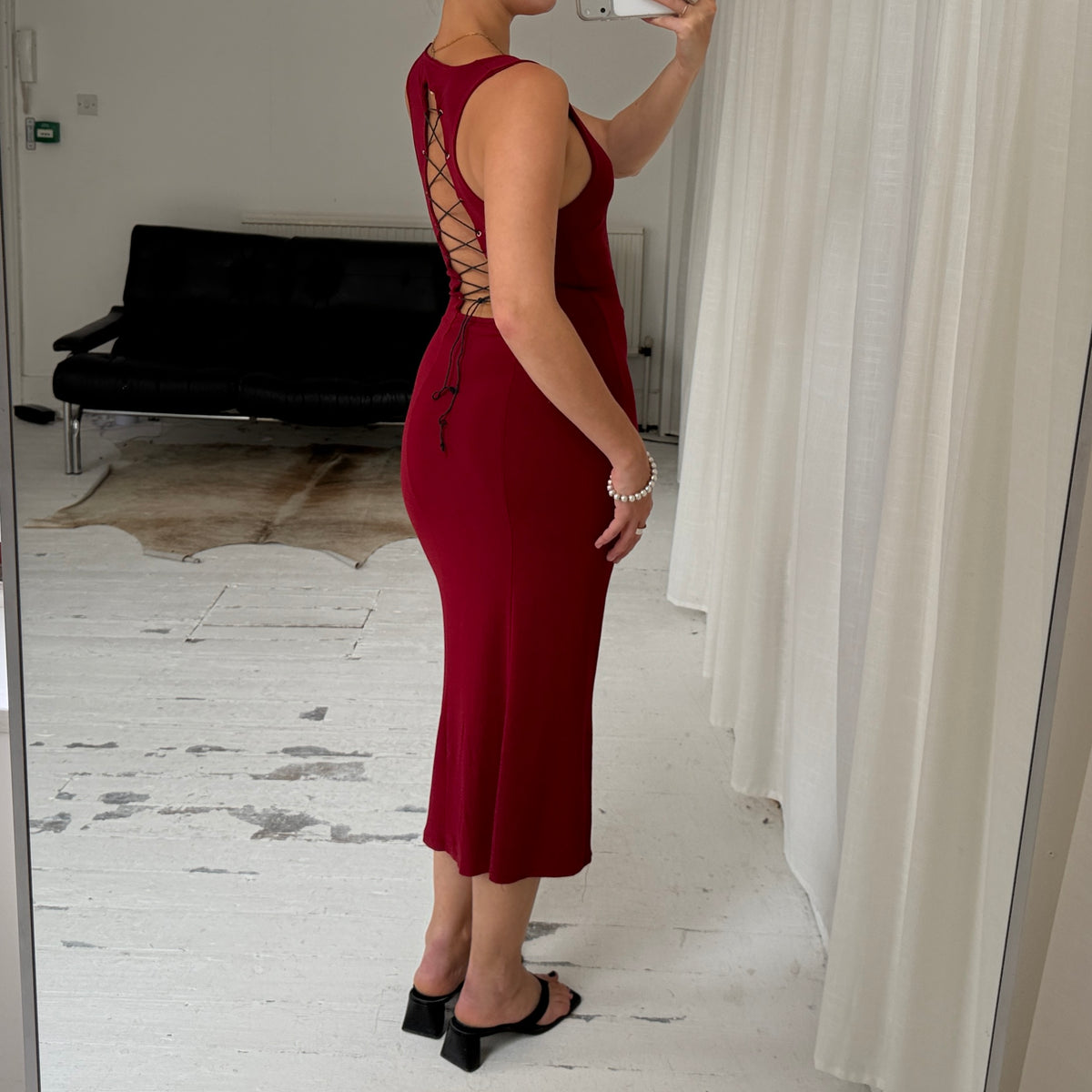 Burgundy Lace-Up Maxi Dress