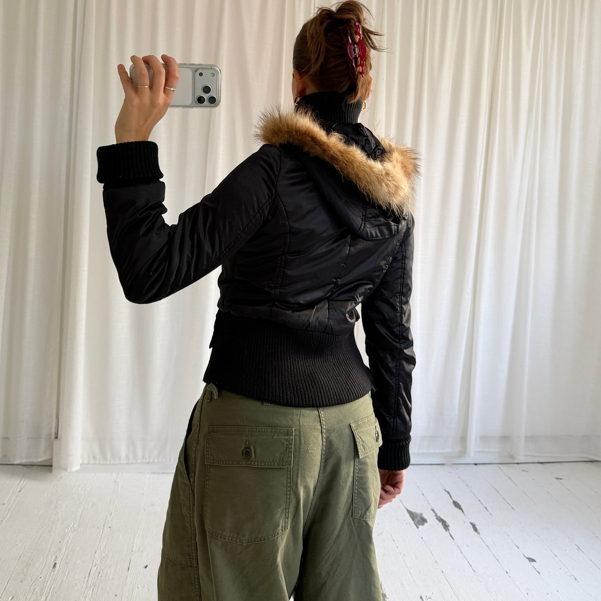 00s Black Nylon Utility Bomber Jacket with Fur Hood