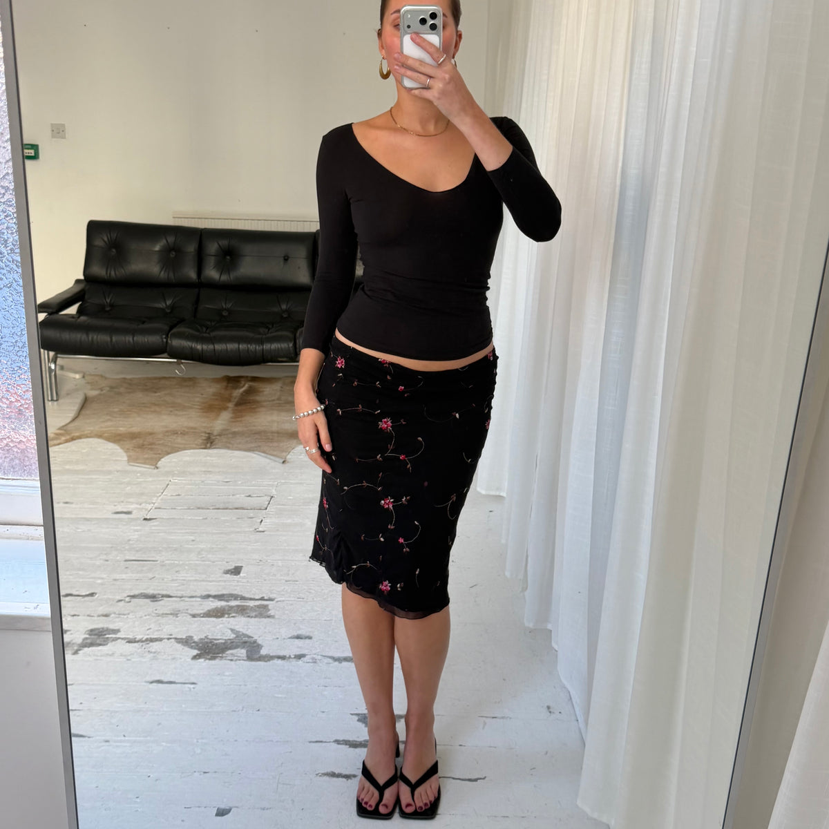 1990s Floral Embroidered Mesh Midi Skirt