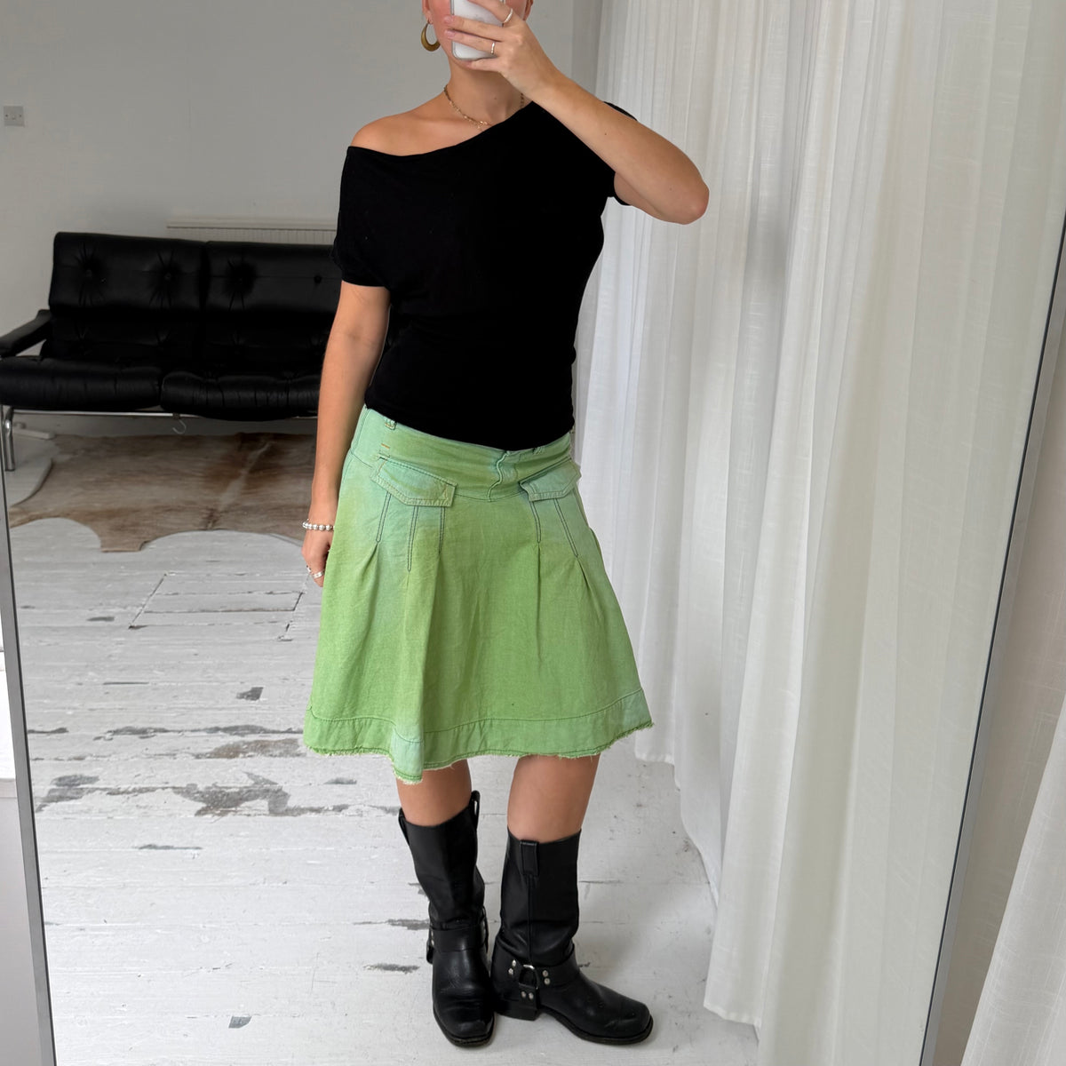 Miss Sixty Green Pleated Denim Midi Skirt