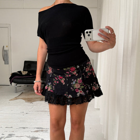 Black Floral Pure Silk Mini Skirt