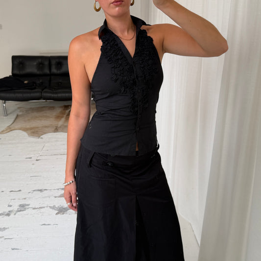 Black Ruffle Halterneck Top
