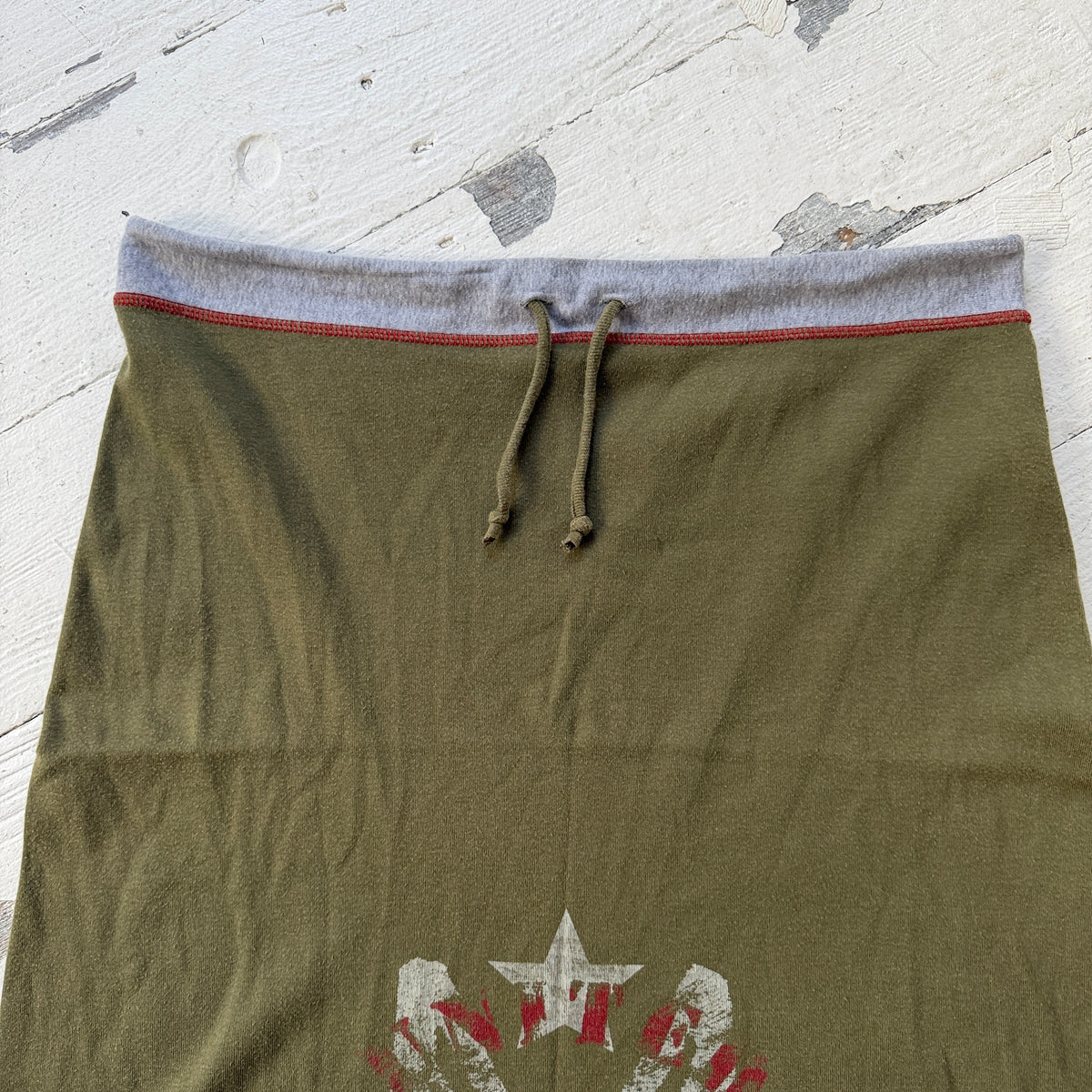 2000s Khaki Green Graphic Jersey Midi Skirt