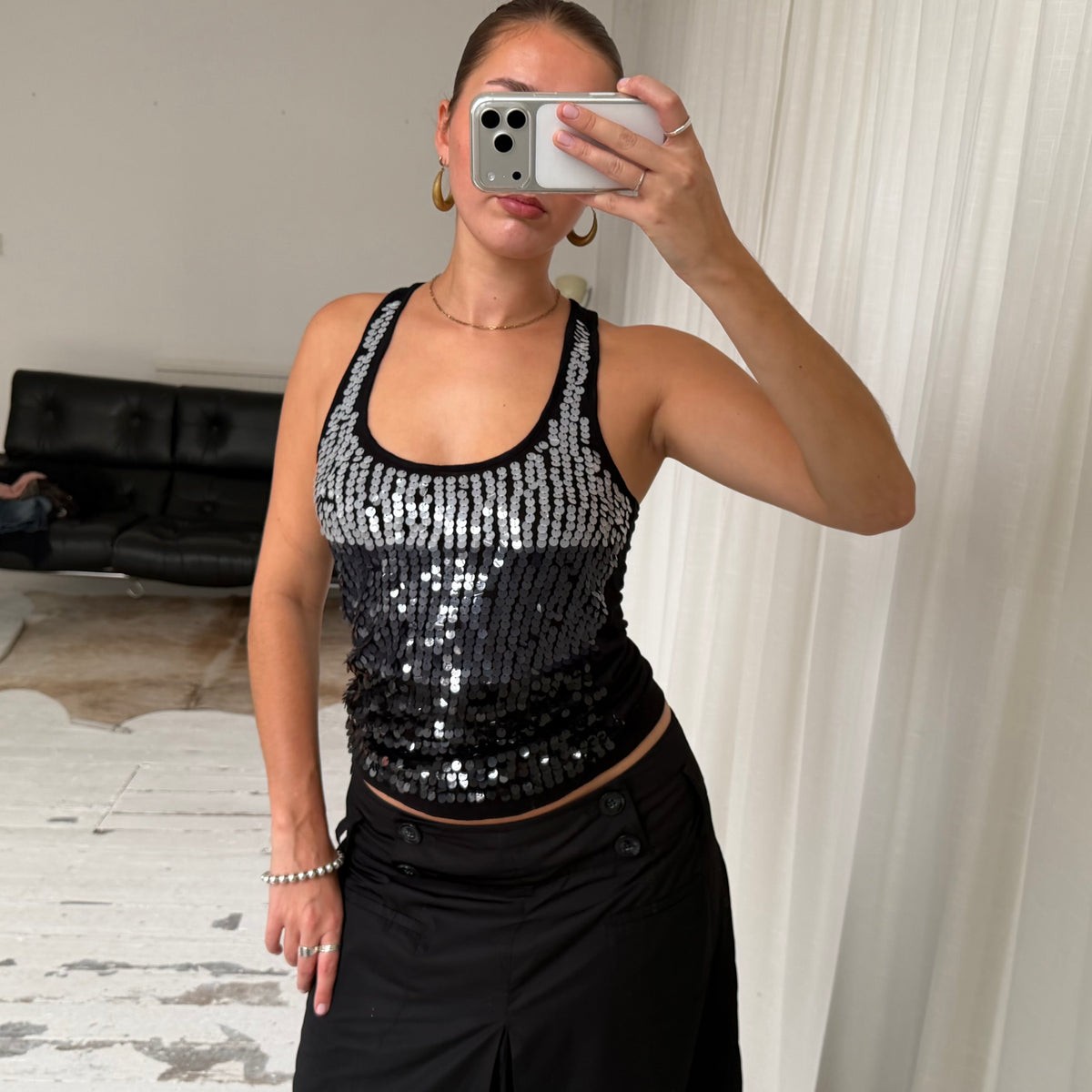 2000s Black & Silver Sequin Racerback Vest Top