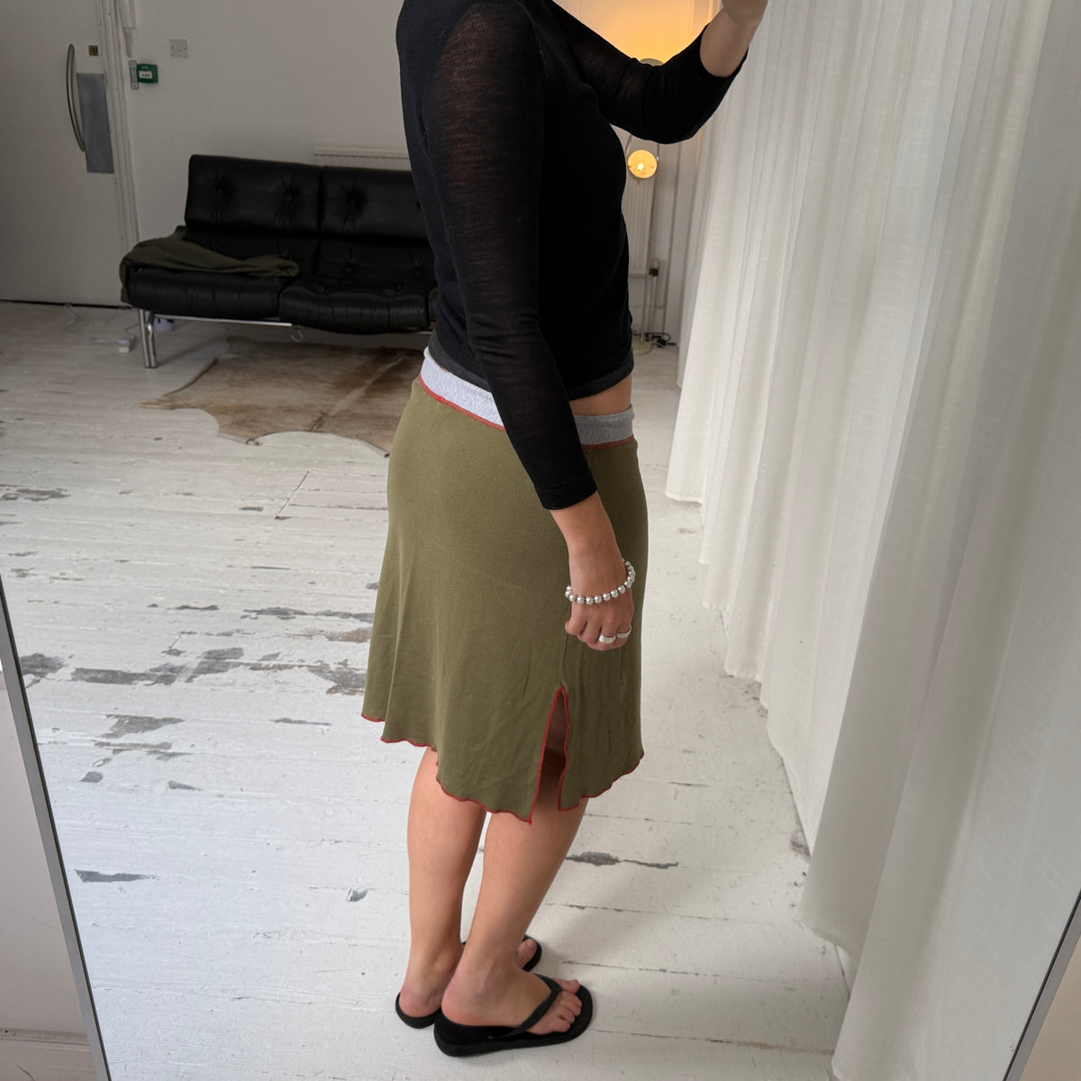 2000s Khaki Green Graphic Jersey Midi Skirt