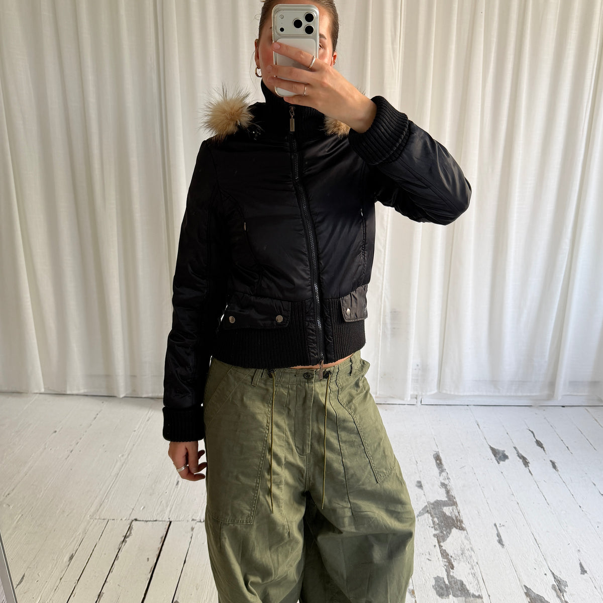 00s Black Nylon Utility Bomber Jacket with Fur Hood