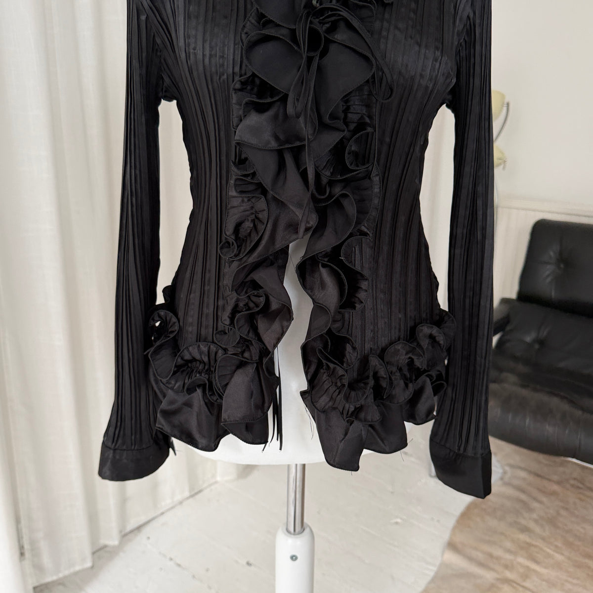90s Black Pleated Ruffle Blouse