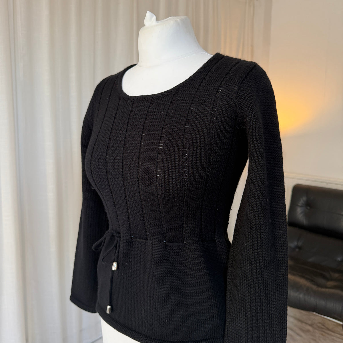 Italian Vintage Black Merino Wool Tie Detail Jumper