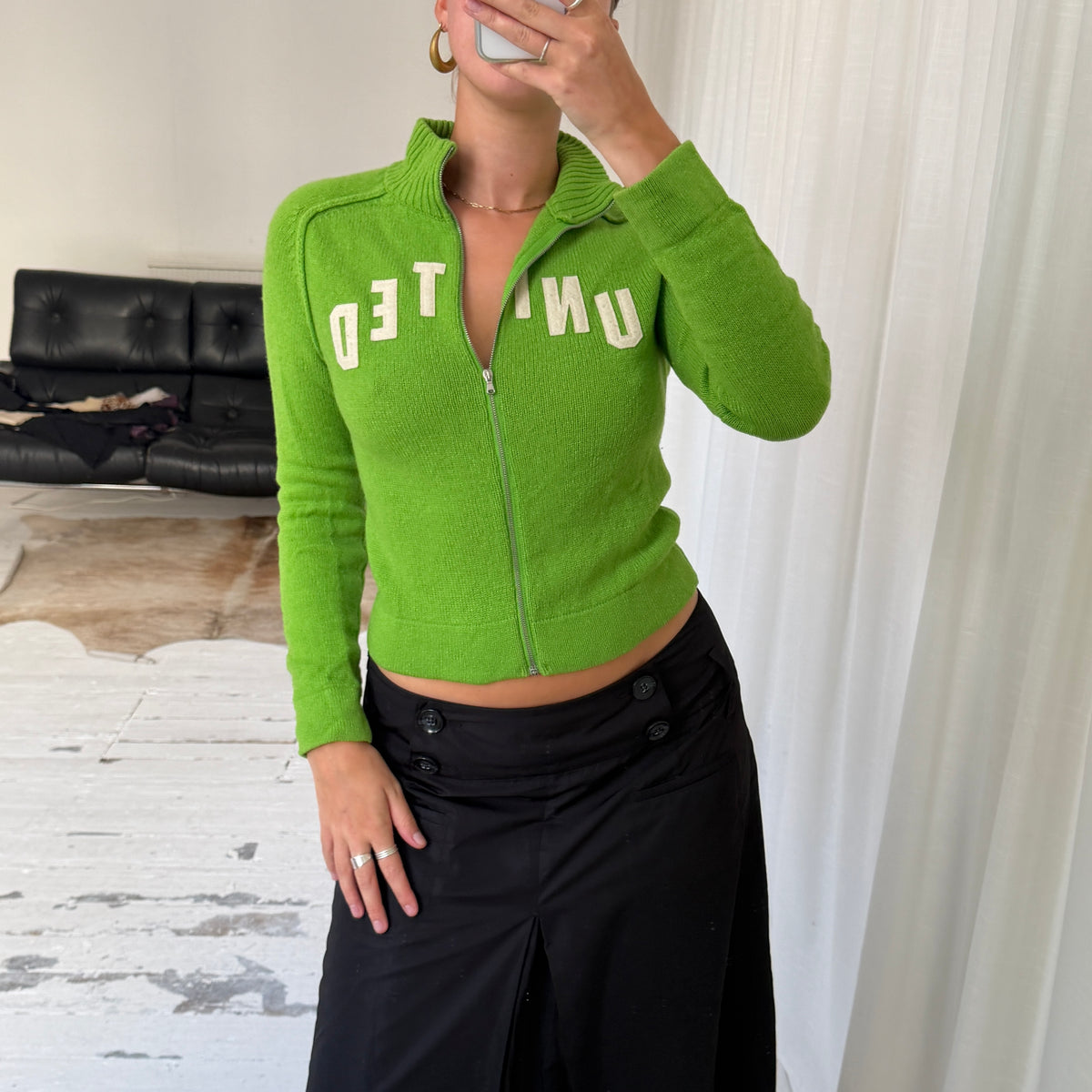 Green Pure Virgin Wool Zip Knit