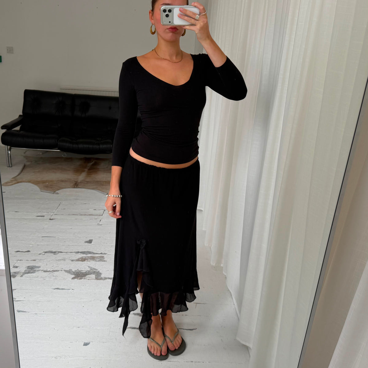 Black Ruffle Asymmetric Maxi Skirt