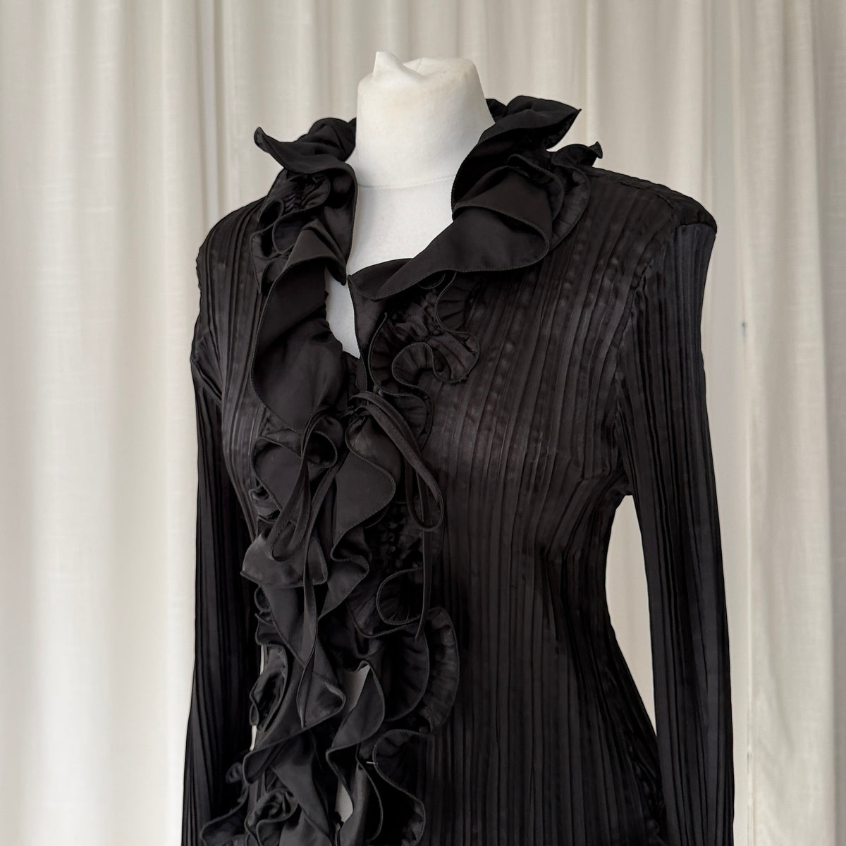90s Black Pleated Ruffle Blouse
